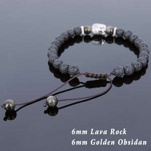 6mm Golden Obsidian & Lava Rock Adjustable Braided Stone Bracelet with Tibetan Silver Spacers & Sakyamuni Buddha Bead - Handmade by Gem & Silver TSB236