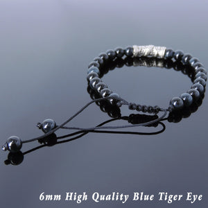 6mm Blue Tiger Eye Adjustable Braided Gemstone Bracelet with S925 Sterling Silver Dragon Charm - Handmade by Gem & Silver BR793
