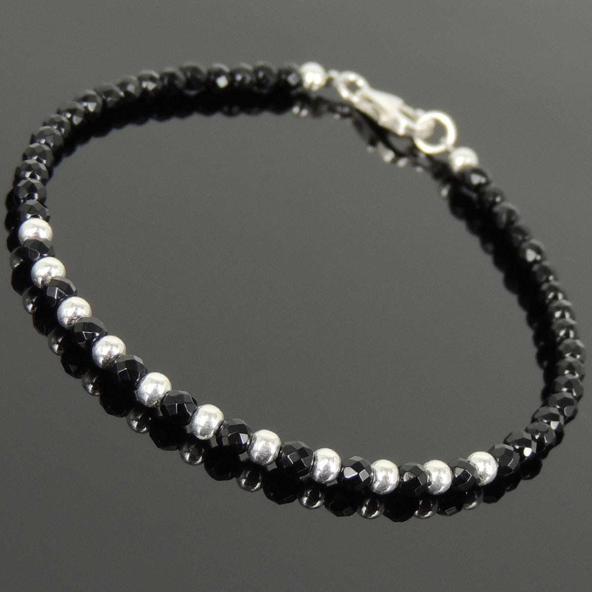 3mm Faceted Bright Black Onyx Healing Gemstone Bracelet with S925 Sterling Silver Spacer Beads & Clasp - Handmade by Gem & Silver BR944