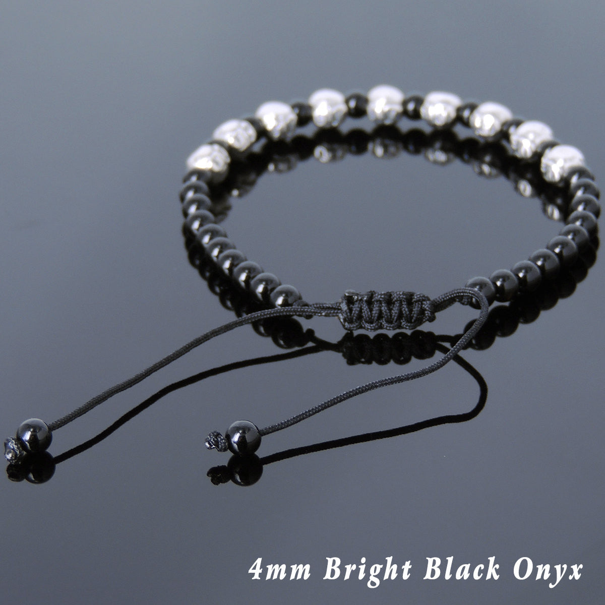 4mm Bright Black Onyx Adjustable Braided Gemstone Bracelet with S925 Sterling Silver Embossed Celtic Beads - Handmade by Gem & Silver BR797