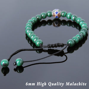 6mm Malachite Adjustable Braided Bracelet with S925 Sterling Silver Vintage Hand painted Bead - Handmade by Gem & Silver BR798