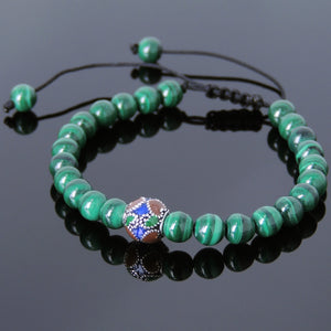 6mm Malachite Adjustable Braided Bracelet with S925 Sterling Silver Vintage Hand painted Bead - Handmade by Gem & Silver BR798