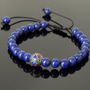 6mm Lapis Lazuli Adjustable Braided Bracelet with S925 Sterling Silver Round Hand Painted Bead - Handmade by Gem & Silver BR799