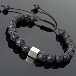 Lava Rock Adjustable Braided Stone Bracelet with S925 Sterling Silver Cube Bead - Handmade by Gem & Silver BR800