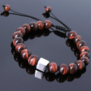 Red Tiger Eye Adjustable Braided Gemstone Bracelet with S925 Sterling Silver Cube Bead - Handmade by Gem & Silver BR802