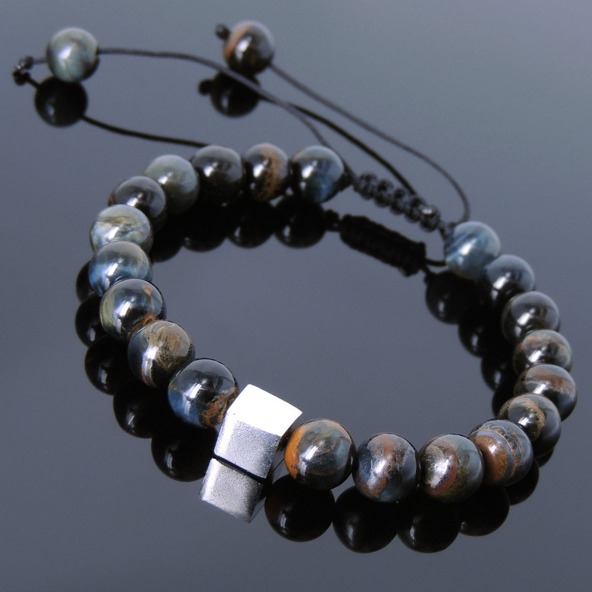 Rare Mixed Blue Tiger Eye Adjustable Braided Gemstone Bracelet with S925 Sterling Silver Cube Bead - Handmade by Gem & Silver BR803