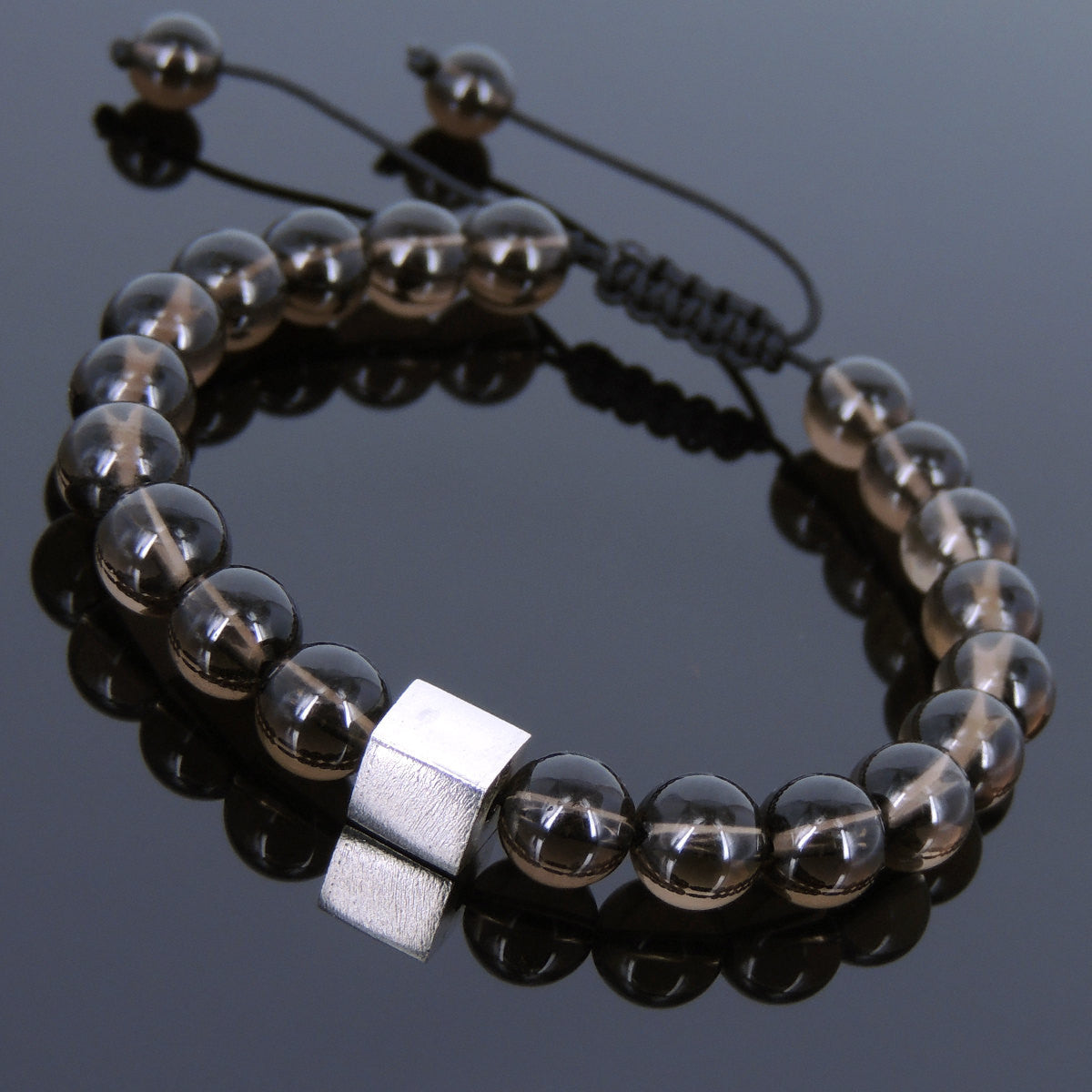 Smoky Quartz Adjustable Braided Gemstone Bracelet with S925 Sterling Silver Cube Bead - Handmade by Gem & Silver BR805