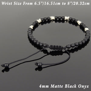 4mm Matte Black Onyx Adjustable Braided Gemstone Bracelet with S925 Sterling Silver Nugget Beads - Handmade by Gem & Silver BR947