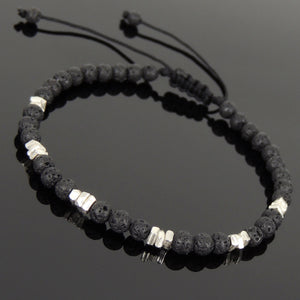 4mm Lava Rock Adjustable Braided Stone Bracelet with S925 Sterling Silver Nugget Beads - Handmade by Gem & Silver BR948