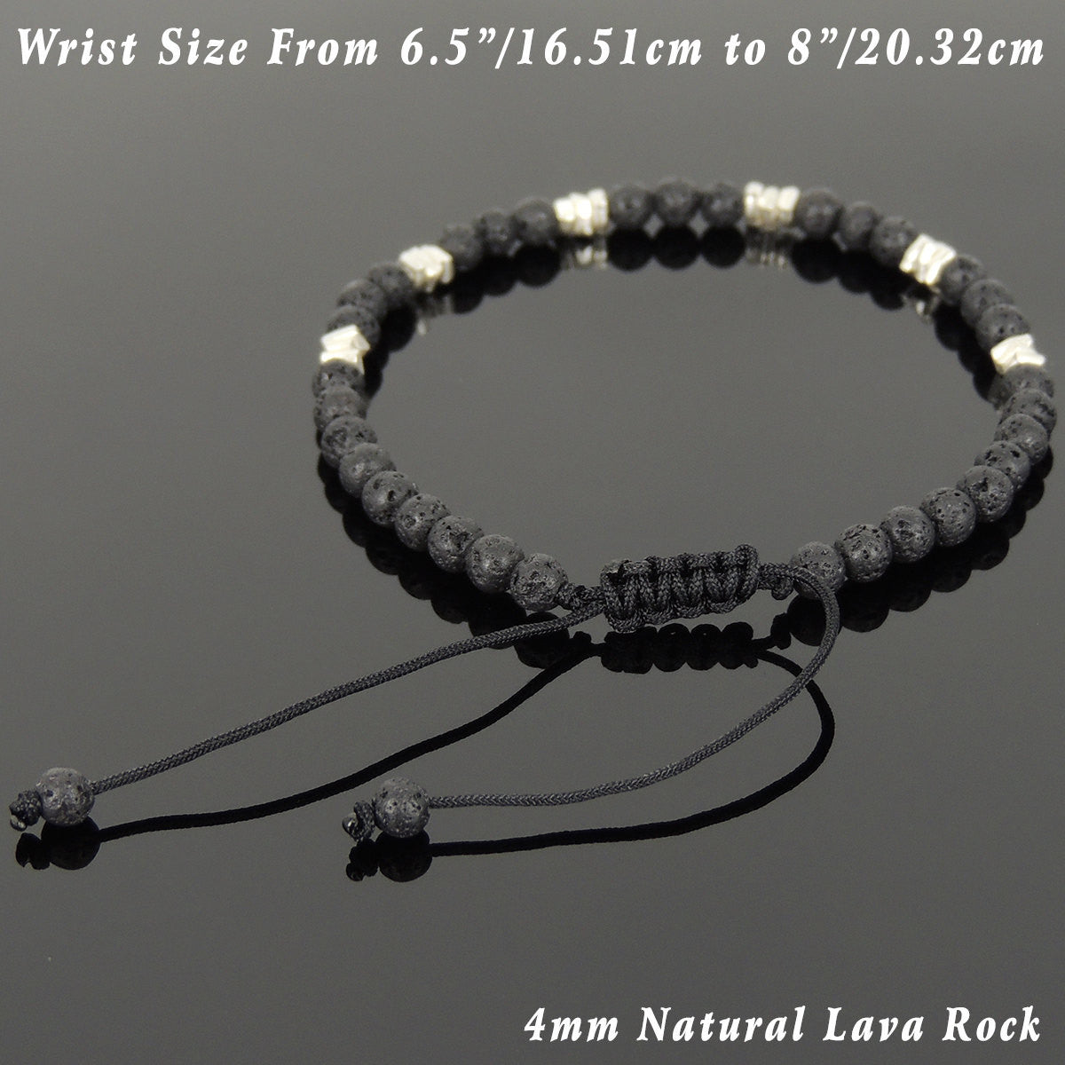 4mm Lava Rock Adjustable Braided Stone Bracelet with S925 Sterling Silver Nugget Beads - Handmade by Gem & Silver BR948