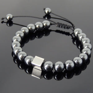 Hematite Gemstone Adjustable Braided Bracelet with S925 Sterling Silver Cube Bead - Handmade by Gem & Silver BR806