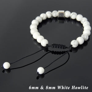 White Howlite Adjustable Braided Gemstone Bracelet with S925 Sterling Silver Cube Bead - Handmade by Gem & Silver BR807