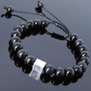 Rainbow Black Obsidian Adjustable Braided Gemstone Bracelet with S925 Sterling Silver Cube Bead - Handmade by Gem & Silver BR808