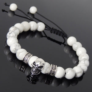 8mm White Howlite Healing Gemstone Bracelet with S925 Sterling Silver Protection Skull Charm & Celtic Spacers - Handmade by Gem & Silver BR814