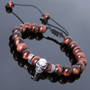 8mm Red Tiger Eye Adjustable Braided Gemstone Bracelet with S925 Sterling Silver Protection Skull Charm & Celtic Spacers - Handmade by Gem & Silver BR815