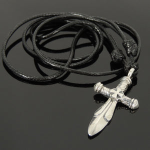 Adjustable Wax Rope Necklace with S925 Sterling Silver Sword Pendant - Handmade by Gem & Silver NK157