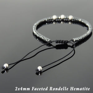 2x4mm Faceted Rondel Hematite Adjustable Braided Bracelet with S925 Sterling Silver 3mm Seamless Beads - Handmade by Gem & Silver BR820