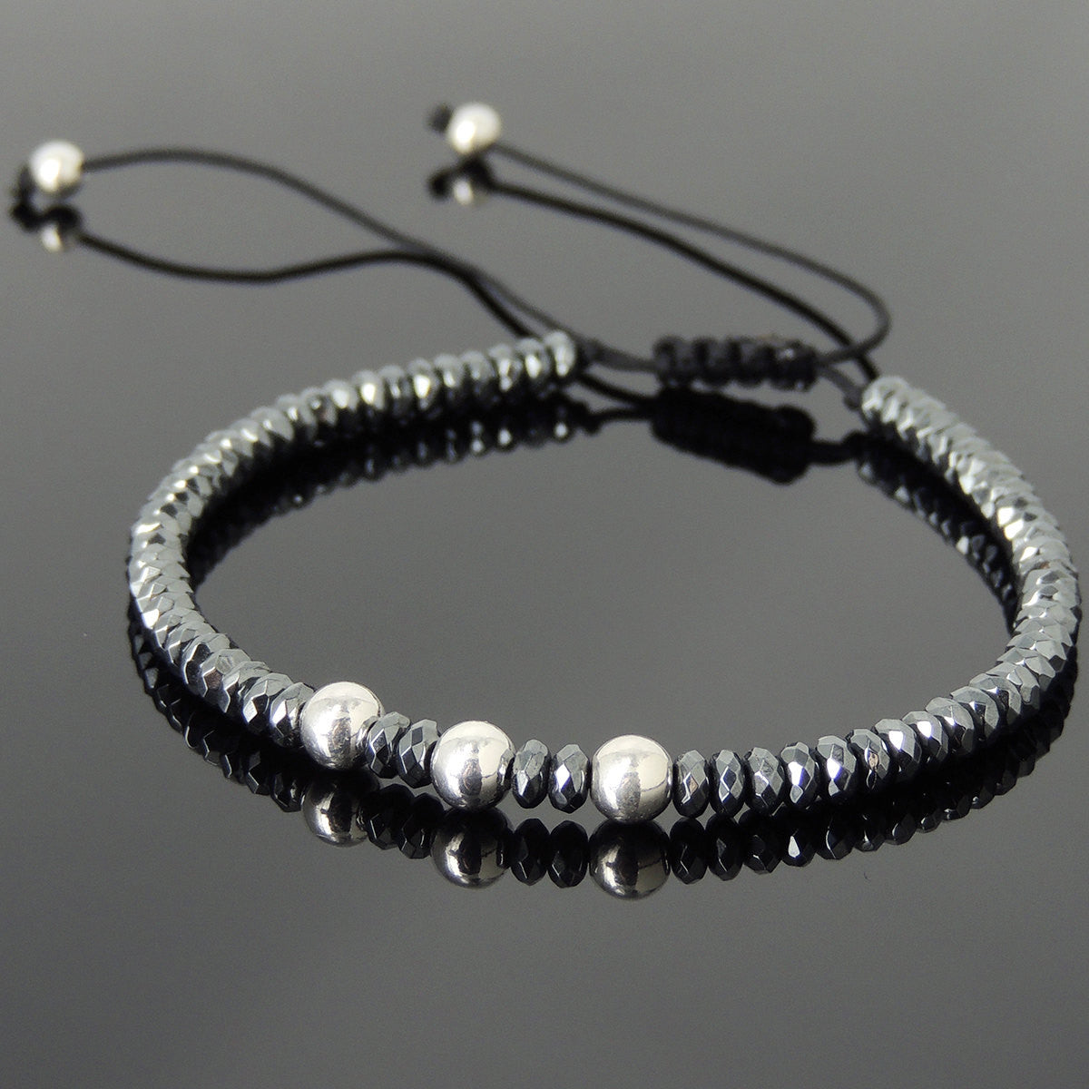 2x4mm Faceted Rondel Hematite Adjustable Braided Bracelet with S925 Sterling Silver 3mm Seamless Beads - Handmade by Gem & Silver BR820