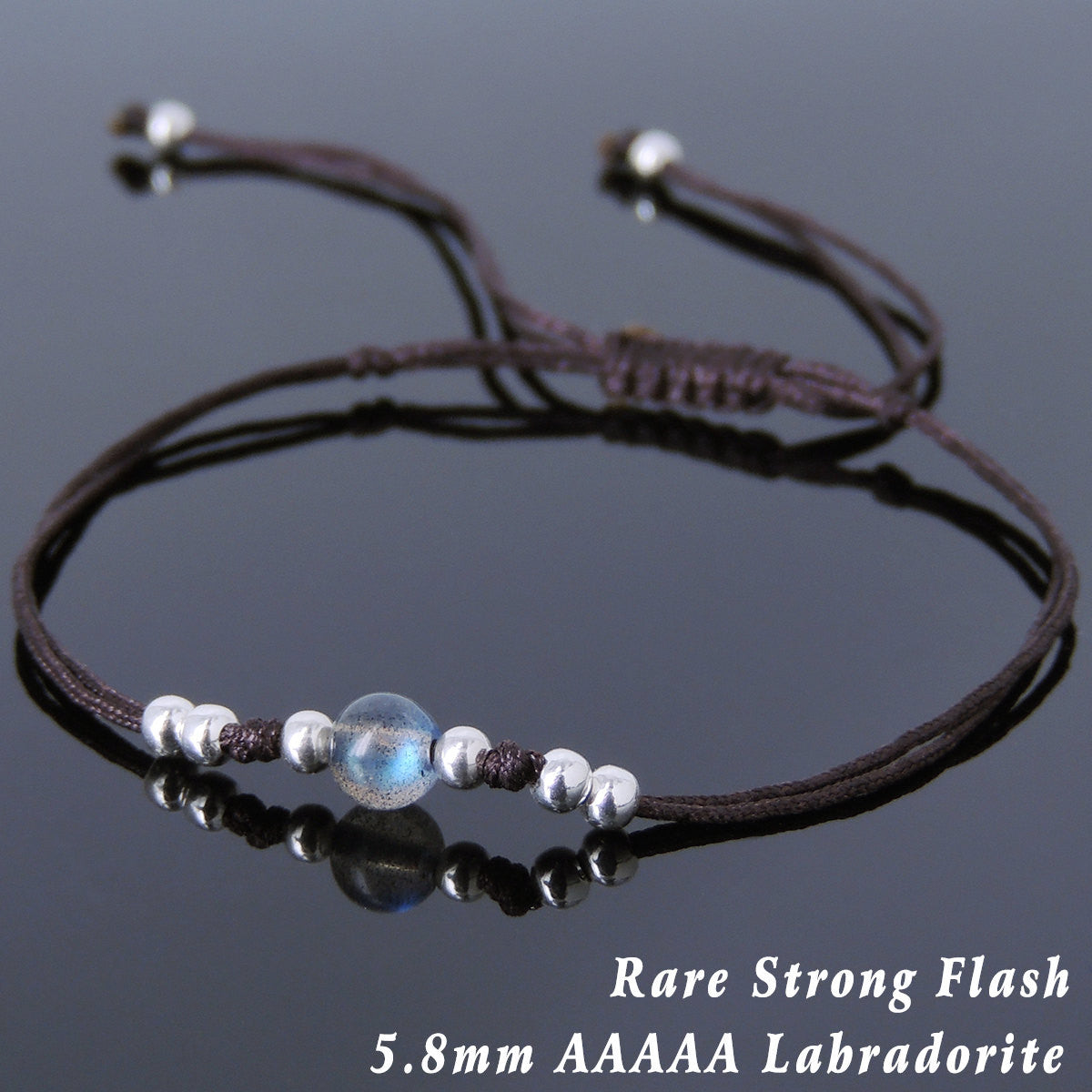 5.8mm Grade AAAAA Rare Strong Flash Labradorite Adjustable Braided Bracelet with S925 Sterling Silver 3mm Seamless Beads - Handmade by Gem & Silver BR822