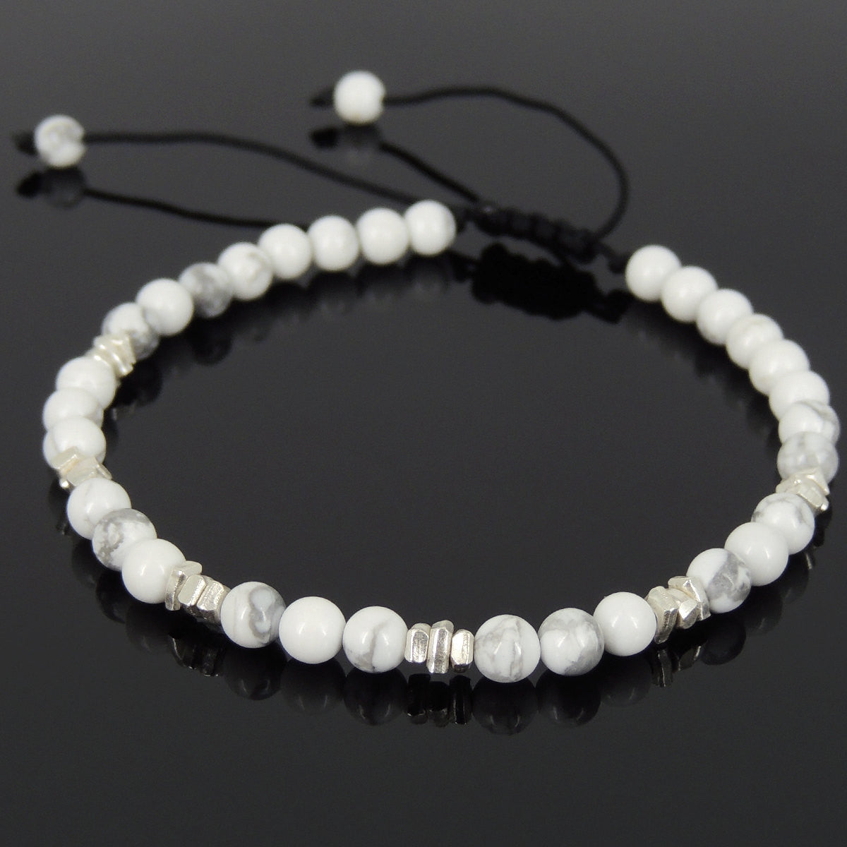 4mm White Howlite Adjustable Braided Gemstone Bracelet with S925 Sterling Silver Nugget Beads  - Handmade by Gem & Silver BR952