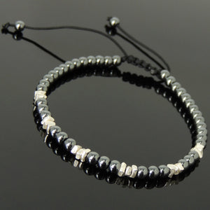 4mm Hematite Adjustable Braided Bracelet with S925 Sterling Silver Handmade Nugget Beads - Handmade by Gem & Silver BR953