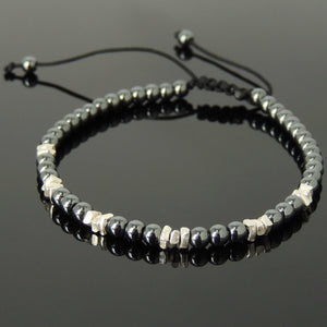 4mm Hematite Adjustable Braided Bracelet with S925 Sterling Silver Handmade Nugget Beads - Handmade by Gem & Silver BR953