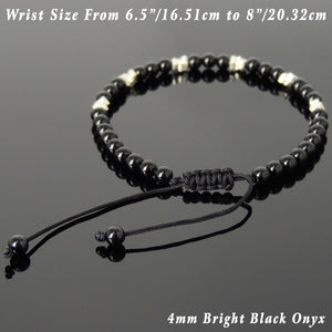 4mm Bright Black Onyx Adjustable Braided Gemstone Bracelet with S925 Sterling Silver Nugget Beads - Handmade by Gem & Silver BR959