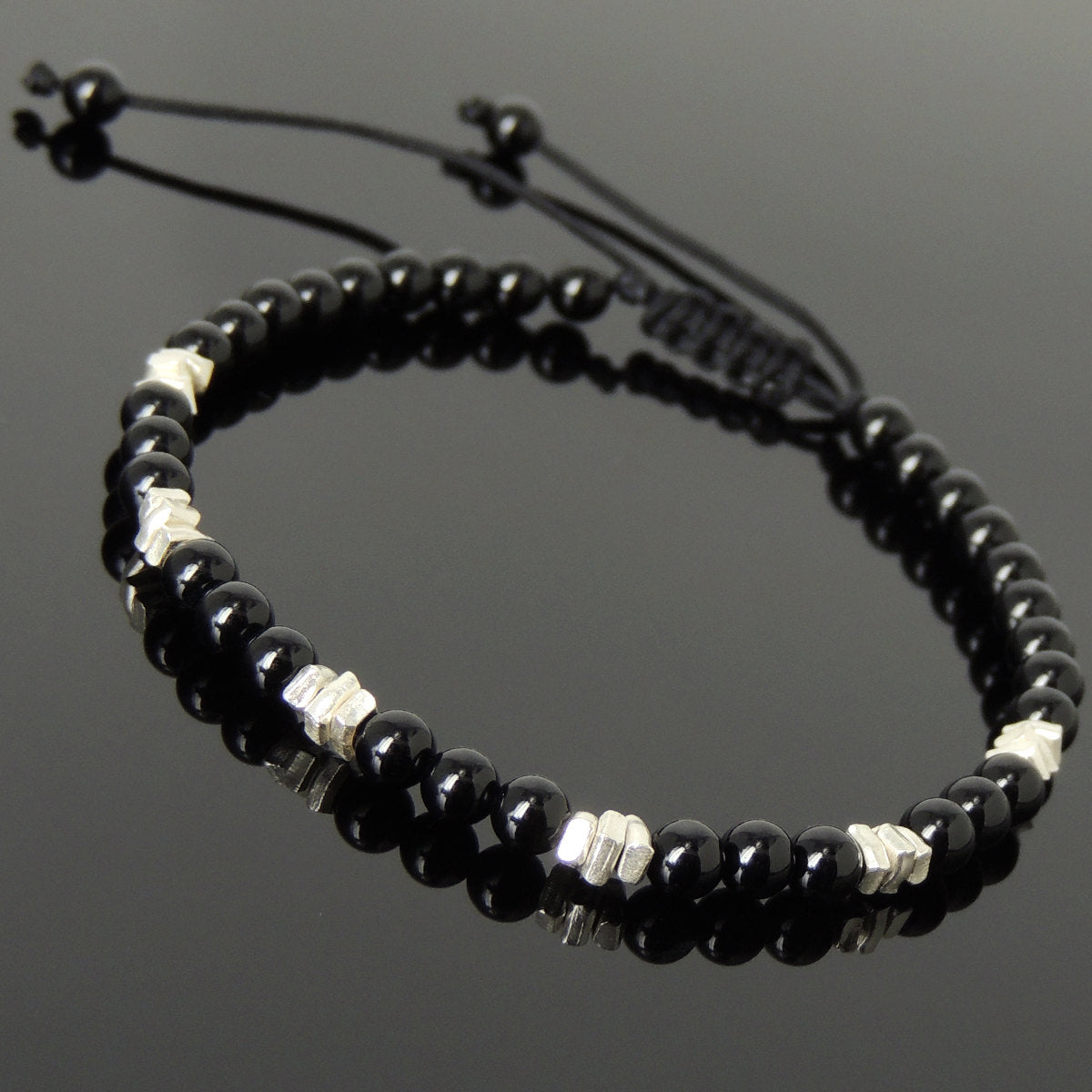 4mm Bright Black Onyx Adjustable Braided Gemstone Bracelet with S925 Sterling Silver Nugget Beads - Handmade by Gem & Silver BR959