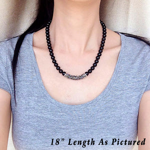 8mm Bright Black Onyx Healing Gemstone Necklace with S925 Sterling Silver Lucky Chinese Wood Charm & Clasp - Handmade by Gem & Silver NK152