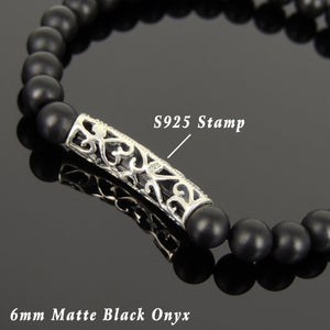 6mm Matte Black Onyx Healing Gemstone Bracelet with S925 Sterling Silver Marcasite Lotus Charm - Handmade by Gem & Silver BR946