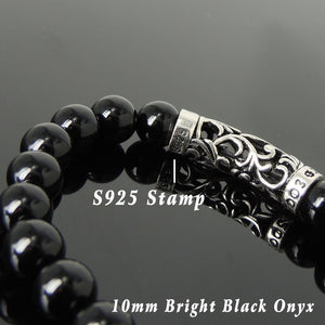 10mm Bright Black Onyx Healing Gemstone Bracelet with S925 Sterling Silver Celtic Charm - Handmade by Gem & Silver BR965