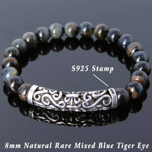 8mm Rare Mixed Blue Tiger Eye Healing Gemstone Bracelet with S925 Sterling Silver Celtic Fleur de Lis Charm - Handmade by Gem & Silver BR971
