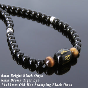 Bright Black Onyx & Brown Tiger Eye Healing Gemstone Necklace with S925 Sterling Silver OM Meditation Beads & Clasp - Handmade by Gem & Silver NK133