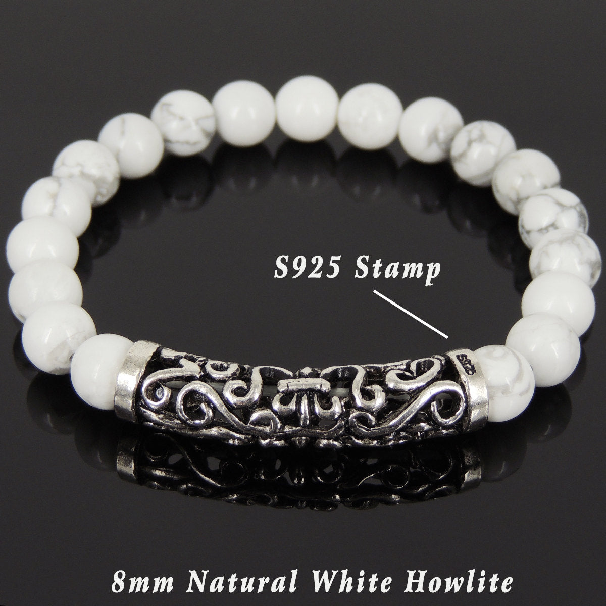 8mm White Howlite Healing Gemstone Bracelet with S925 Sterling Silver Celtic Fleur de Lis Charm - Handmade by Gem & Silver BR974