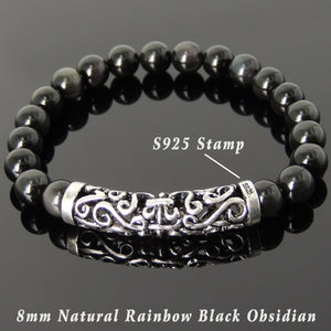 8mm Rainbow Black Obsidian Healing Gemstone Bracelet with S925 Sterling Silver Celtic Fleur de Lis Charm - Handmade by Gem & Silver BR975