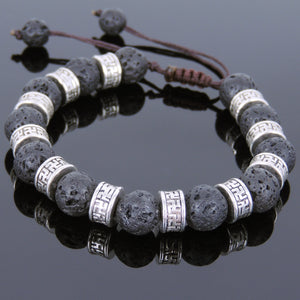 Lava Rock Adjustable Braided Stone Bracelet with Tibetan Silver Seamless Buddhism Protection Beads - Handmade by Gem & Silver TSB241