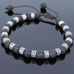 6mm Lava Rock Adjustable Braided Stone Bracelet with Tibetan Silver Buddhism OM Meditation Spacer Beads - Handmade by Gem & Silver TSB243