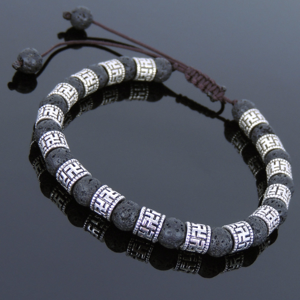 6mm Lava Rock Adjustable Braided Stone Bracelet with Tibetan Silver Buddhism Barrel Beads - Handmade by Gem & Silver TSB244