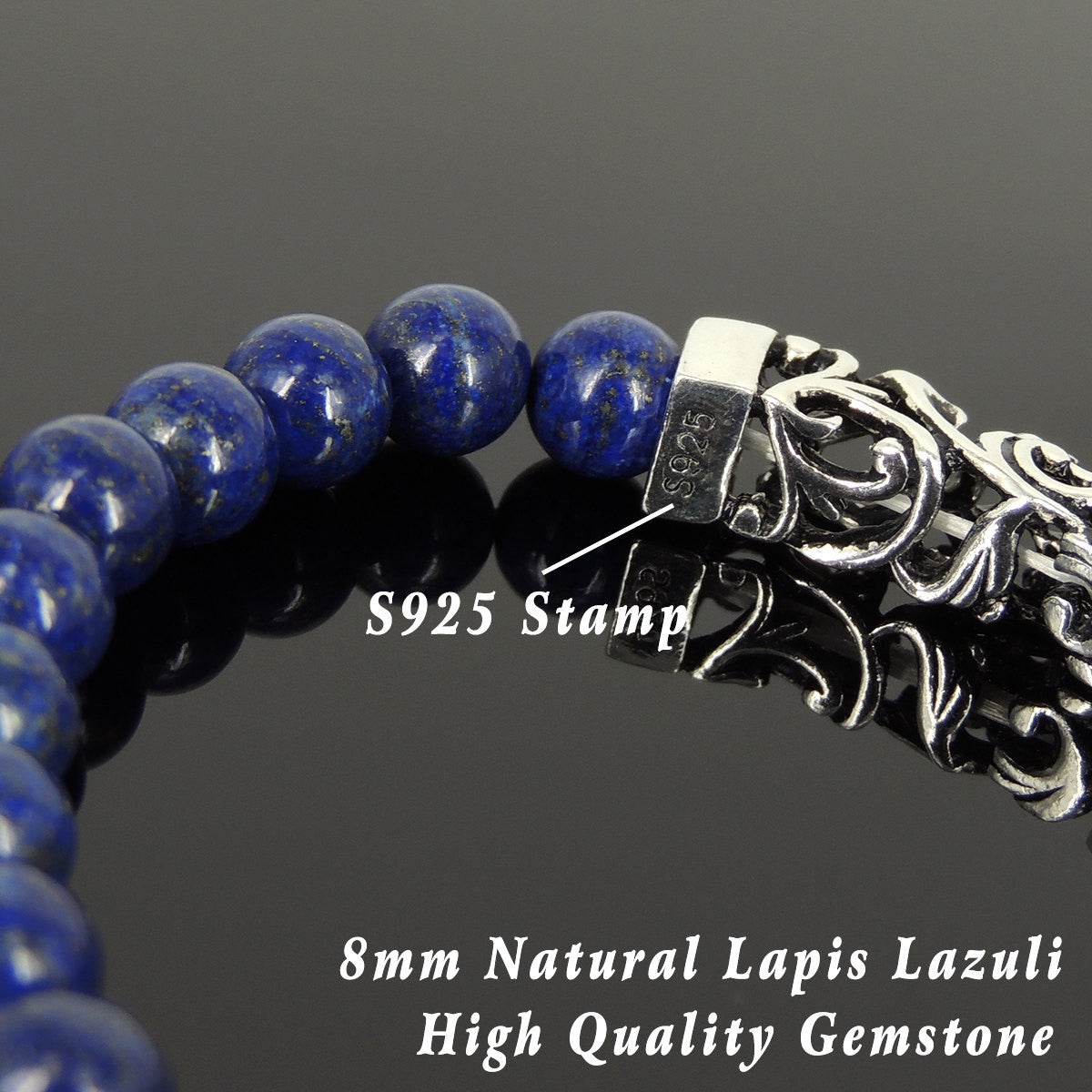 8mm Lapis Lazuli Healing Gemstone Bracelet with S925 Sterling Silver Ornate Floral Celtic Charm - Handmade by Gem & Silver BR268