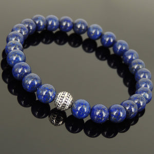 8mm Lapis Lazuli Healing Gemstone Bracelet with S925 Sterling Silver Artisan Bead - Handmade by Gem & Silver BR456