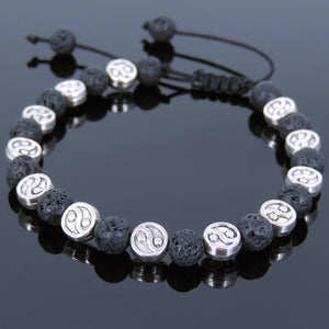 6mm Lava Rock Adjustable Braided Stone Bracelet with Tibetan Silver Taiji Ying Yang Beads - Handmade by Gem & Silver TSB246