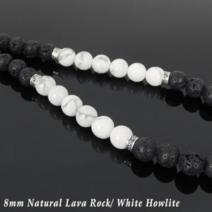 8mm White Howlite & Lava Rock Healing Stone Necklace with S925 Sterling Silver Holy Cross Pendant & S-hook Clasp - Handmade by Gem & Silver NK101