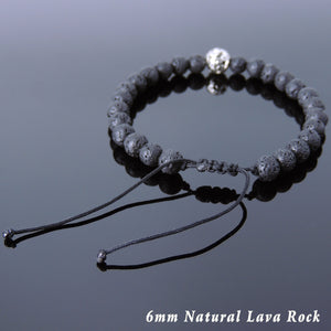 6mm Lava Rock Adjustable Braided Stone Bracelet with Tibetan Silver Bead - Handmade by Gem & Silver TSB253