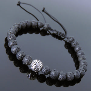 6mm Lava Rock Adjustable Braided Stone Bracelet with Tibetan Silver Bead - Handmade by Gem & Silver TSB253