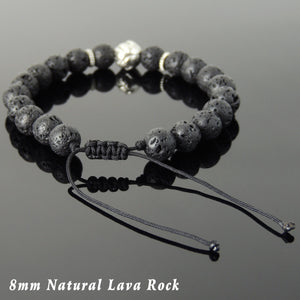 Lava Rock Adjustable Braided Stone Bracelet with Tibetan Silver Lotus Bead - Handmade by Gem & Silver TSB254