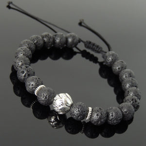 Lava Rock Adjustable Braided Stone Bracelet with Tibetan Silver Lotus Bead - Handmade by Gem & Silver TSB254