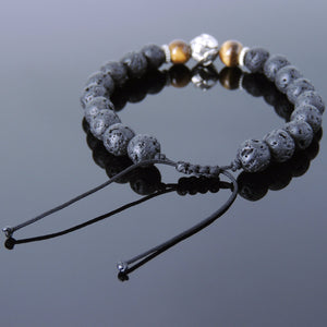 Brown Tiger Eye & Lava Rock Adjustable Braided Gemstone Bracelet with Tibetan Silver Lotus Bead - Handmade by Gem & Silver TSB256