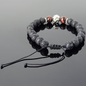 Red Tiger Eye & Lava Rock Adjustable Braided Gemstone Bracelet with Tibetan Silver Lotus Bead - Handmade by Gem & Silver TSB257