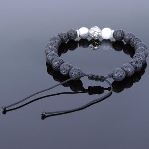 White Howlite & Lava Rock Adjustable Braided Gemstone Bracelet with Tibetan Silver Lotus Bead - Handmade by Gem & Silver TSB259