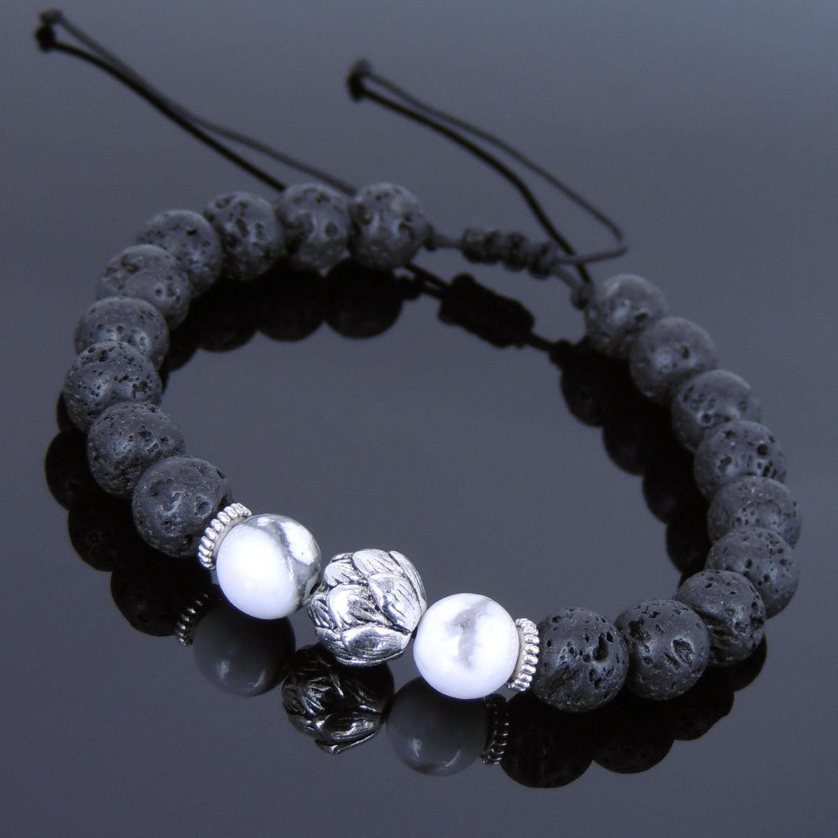White Howlite & Lava Rock Adjustable Braided Gemstone Bracelet with Tibetan Silver Lotus Bead - Handmade by Gem & Silver TSB259